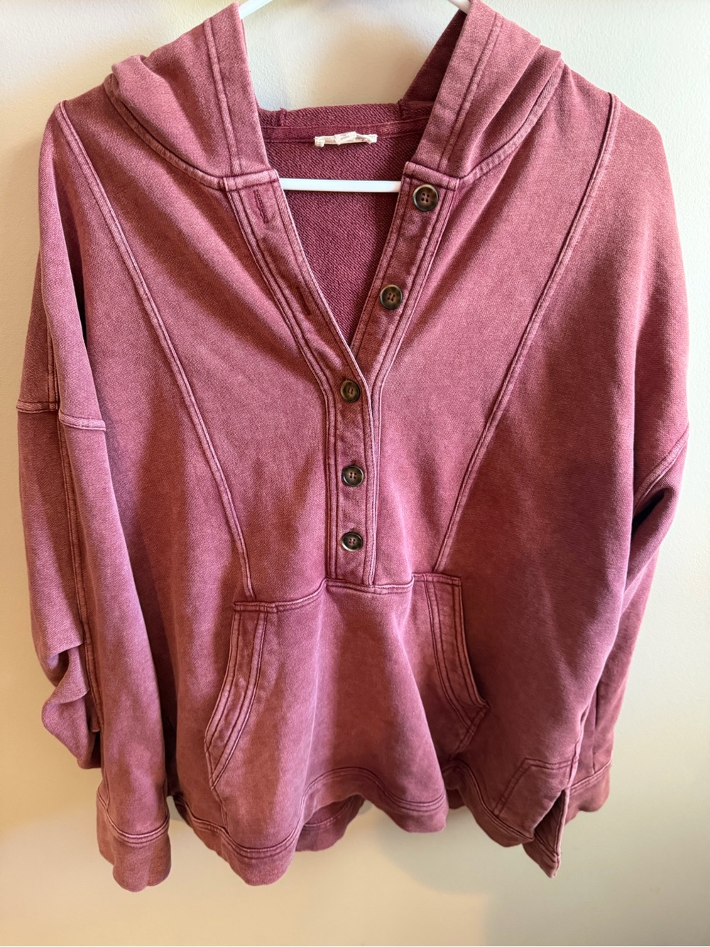 Hem & Thread Washed Rose Pullover Hoodie with Button Placket